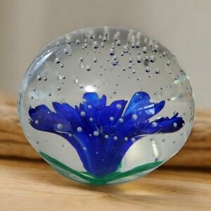 Vintage Hand- Blown Glass Art Sphere Blue Flower Green Leaves Paperweight.